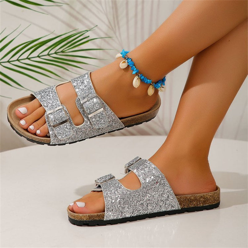 Sequined Double Buckle Summer Slides