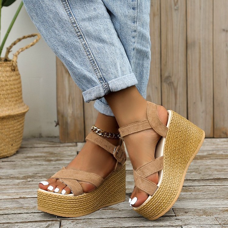Cross-Strap Wedge Hemp Heel Sandals