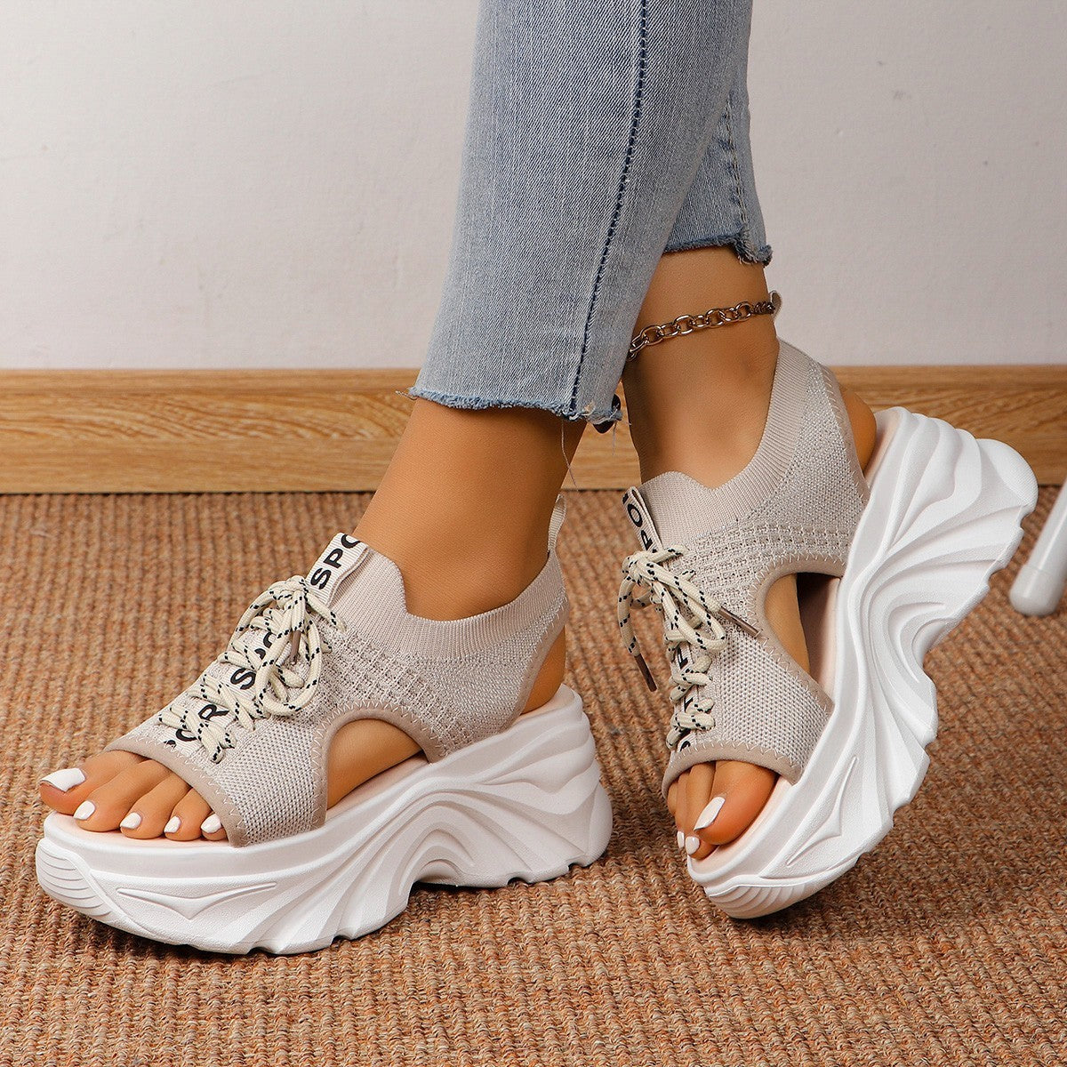 Hollow Mesh Mid Heel Sport Sandals