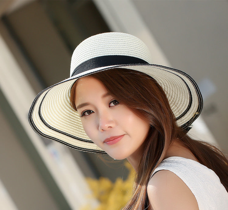 Chapeau de soleil à gros nœud noir pour femme, chapeau d'été pliable en paille, chapeau de plage Panama à large bord, visière, nouveauté