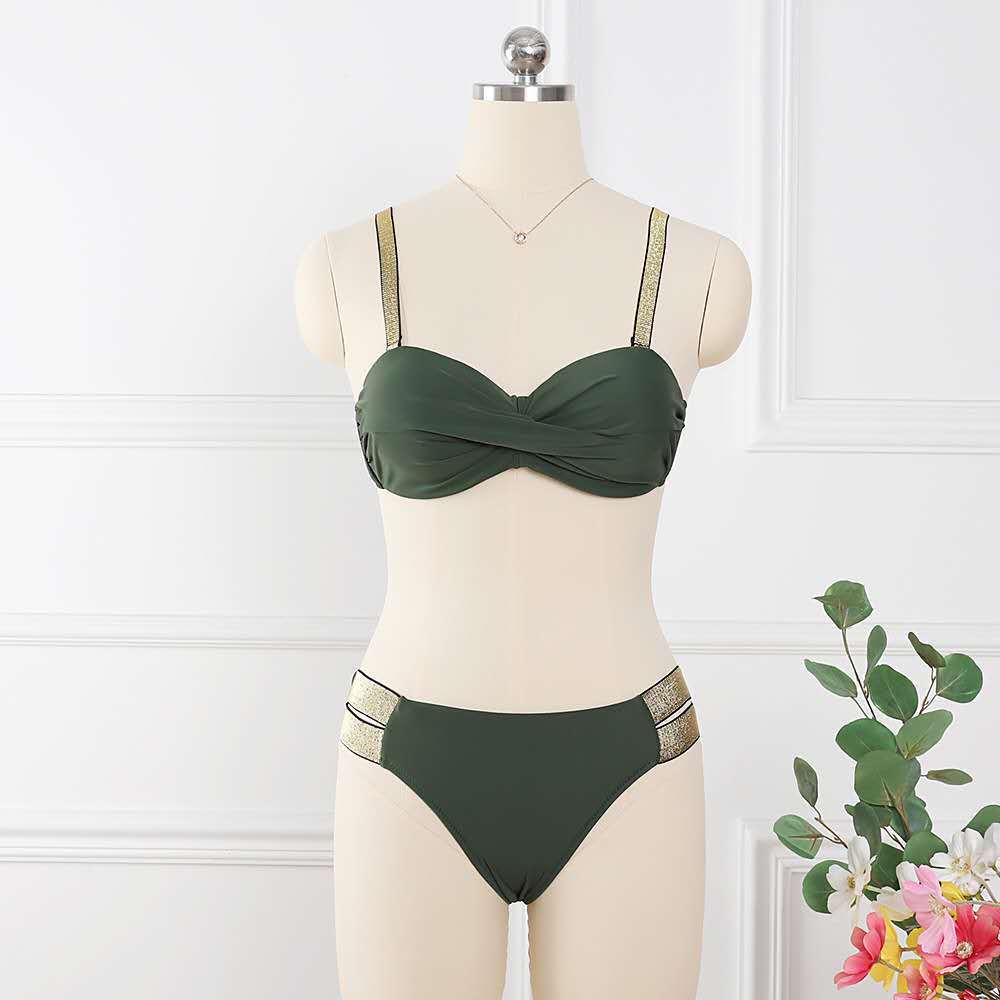 Sexy einfarbiges Bandeau-Bikini-Set mit mittlerer Taille