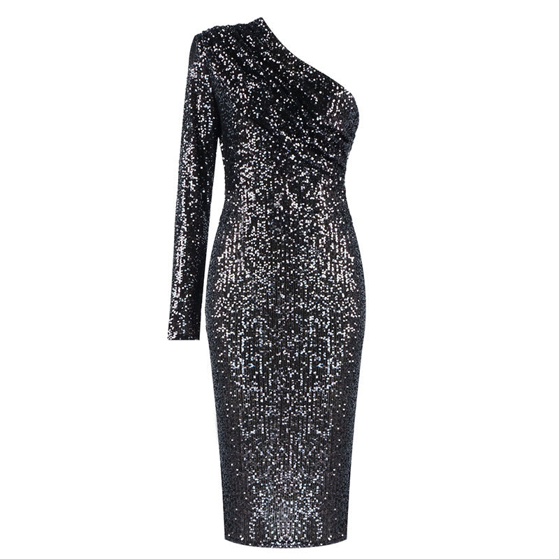 Abendkleid mit Pailletten und One-Shoulder-Träger