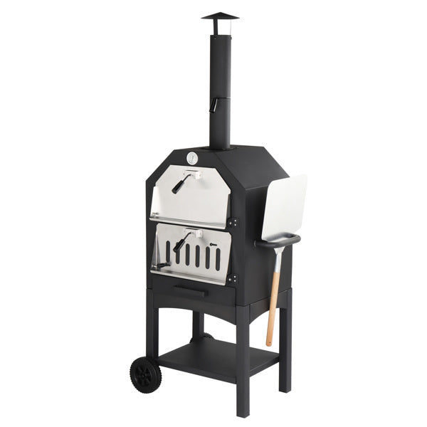 Freistehender Carbongrill mit Kamin und Pizzastein