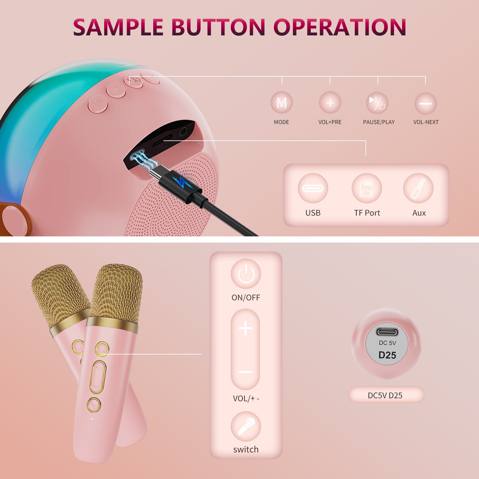 D25 Mini Karaoke Machine with Wireless Mics