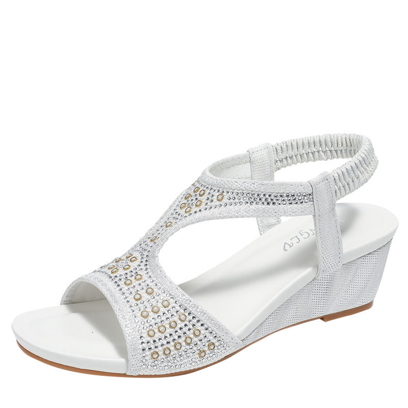 Rhinestone Elastic Wedge Sandals