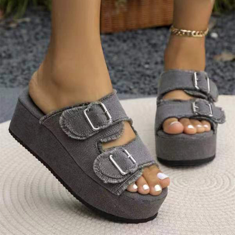Denim Buckle Wedge Camouflage Sandals