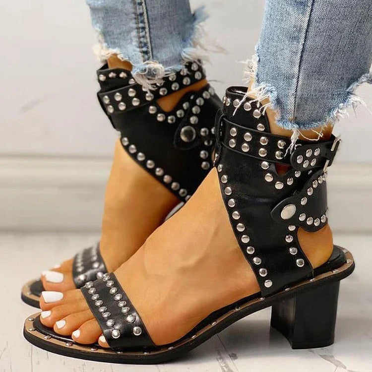 Rivet Buckle Chunky Heel Sandals Women