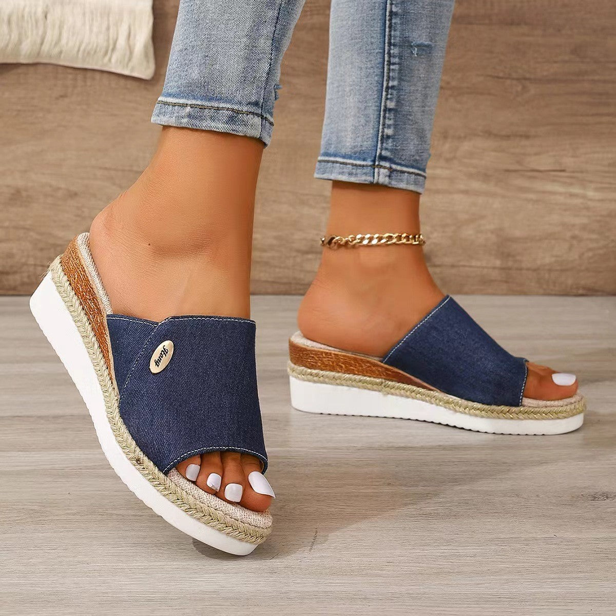 Denim Canvas Hanf Keil Sandalen Damen