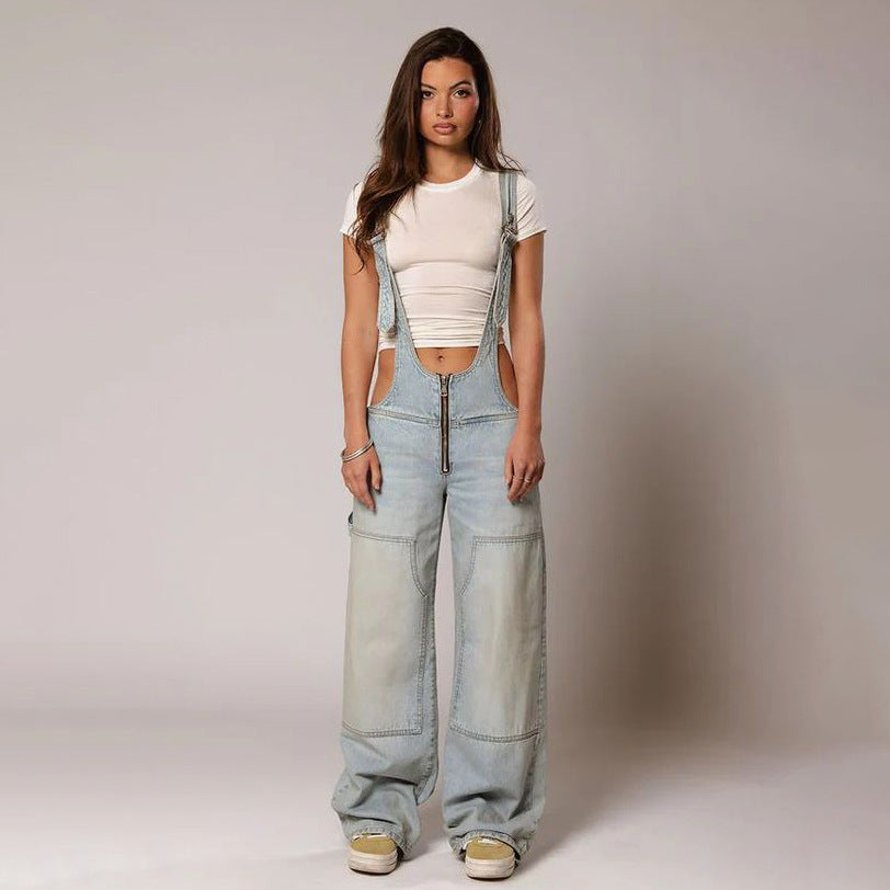 Y2K Zipper Denim Overalls with Pockets