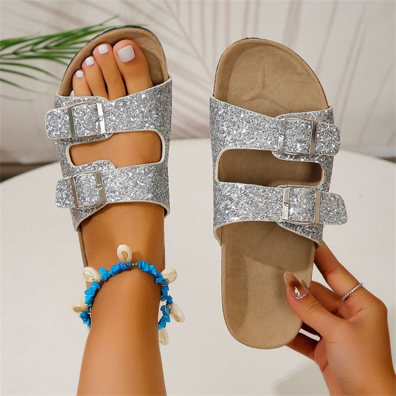 Sequined Double Buckle Summer Slides