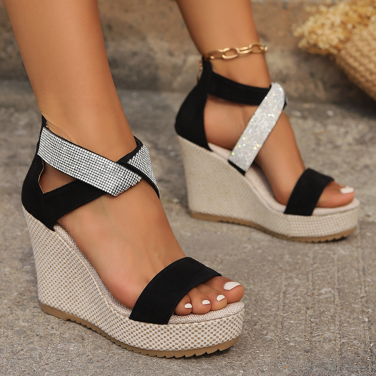 Rhinestone Fish Mouth Wedge Sandals