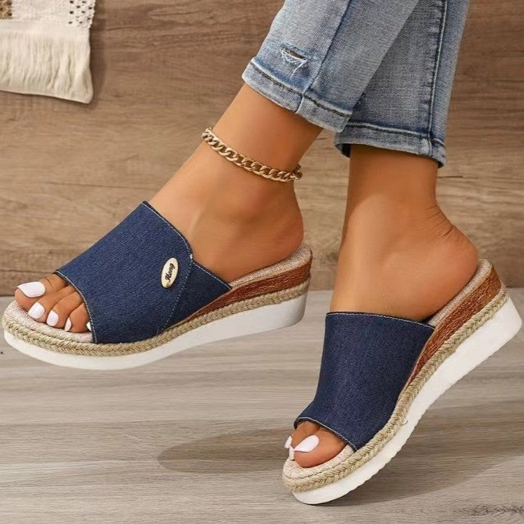 Denim Canvas Hemp Wedge Sandals Women