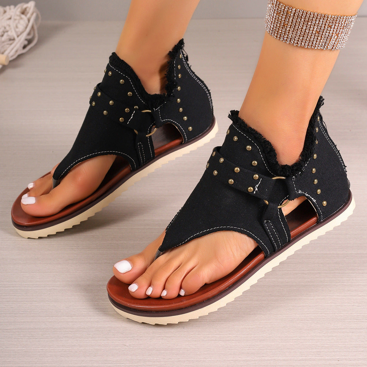 Denim Thong Sandals Rear Zipper Flats