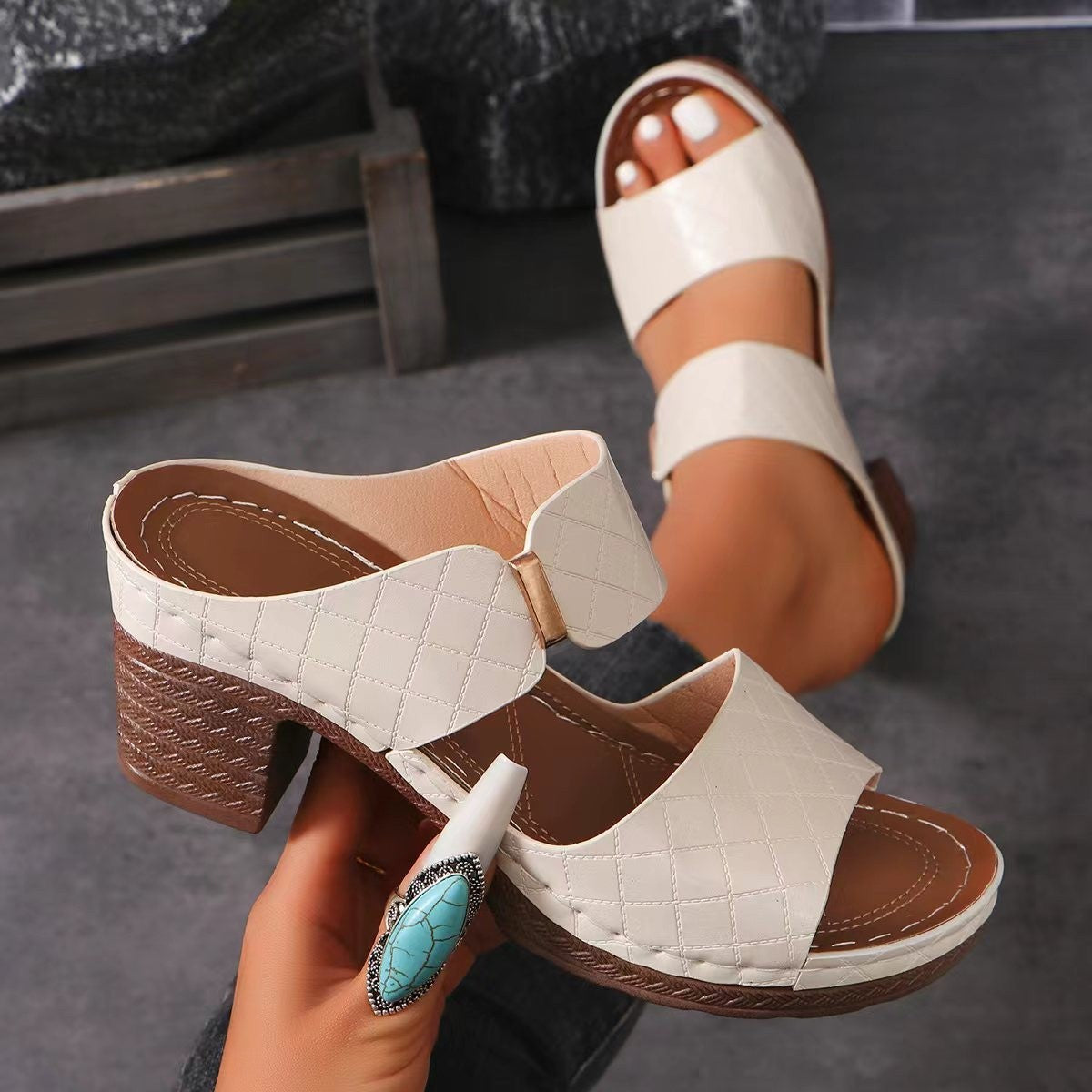Plaid Chunky Heel Sandals for Women