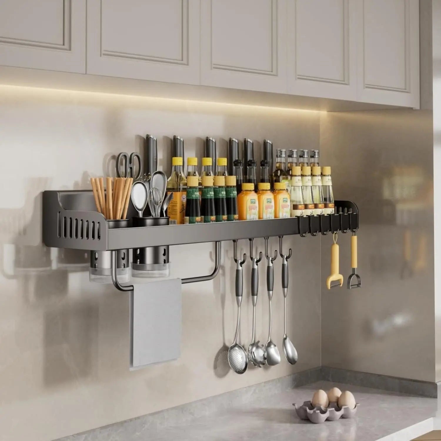 Wall-Mounted Kitchen Spice Rack with Hooks