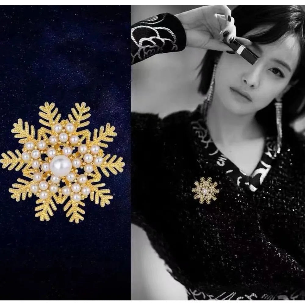2pc Elegant Pearl Snowflake Brooch Set