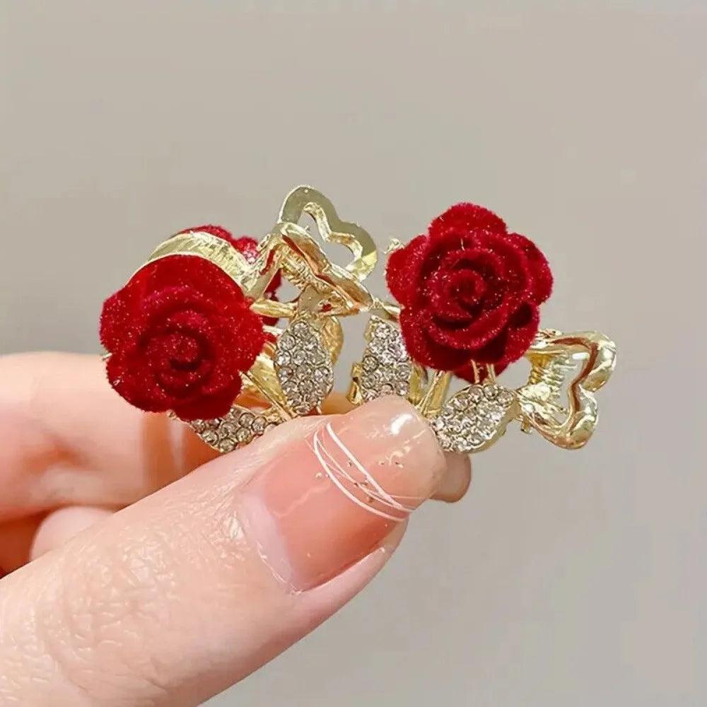 Mini Rhinestone Velvet Rose Hair Claw