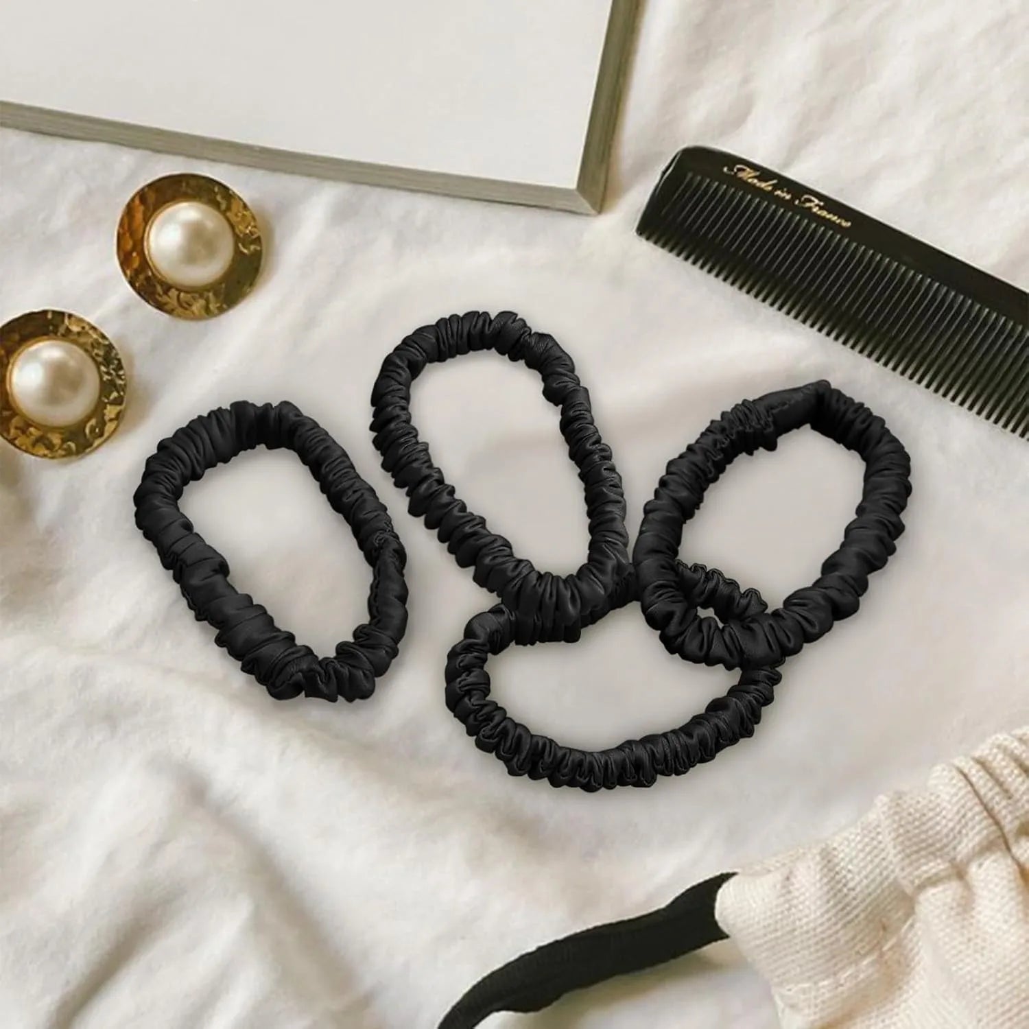 Black Mulberry Silk Scrunchies – 4 Pack