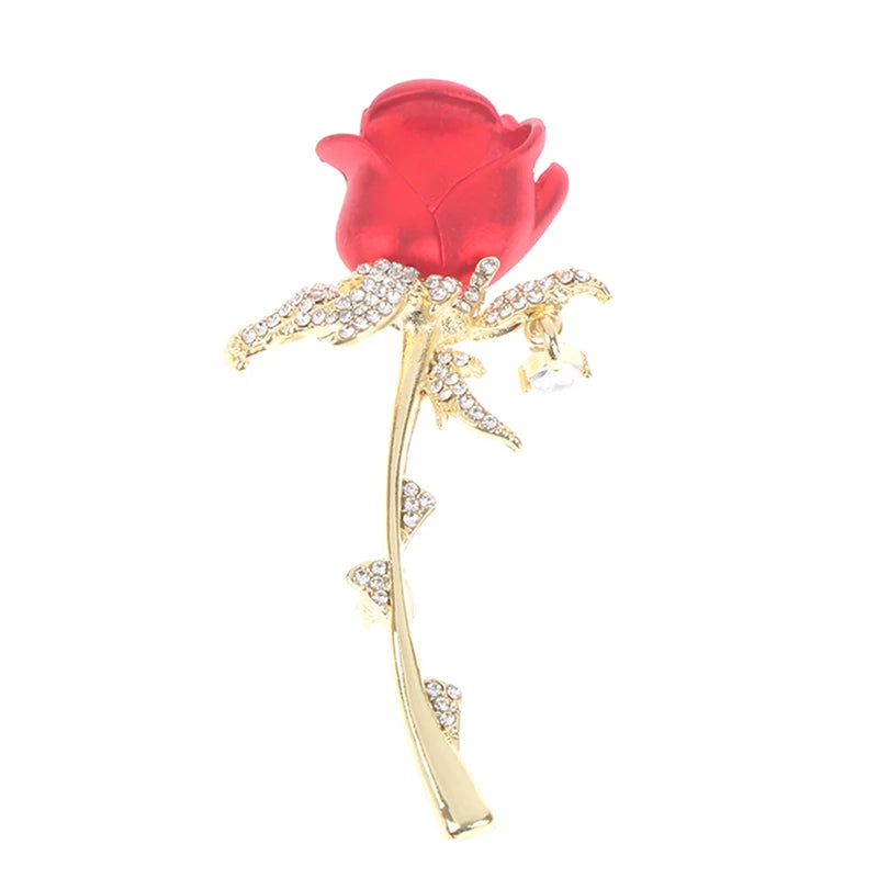 Rhinestone Red Rose Flower Brooch