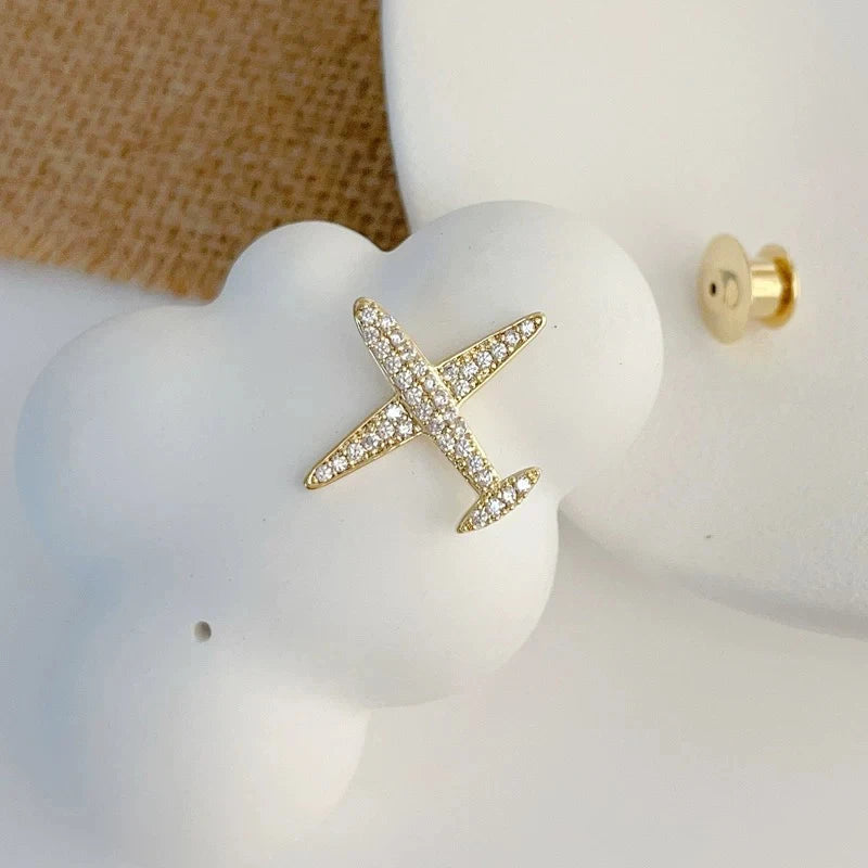 Golden Crystal Airplane Brooch Pin