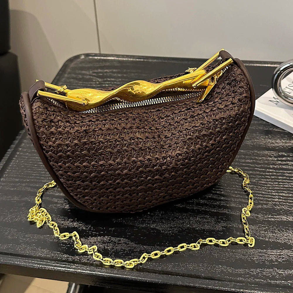 Women Knitting Sling Straw Crossbody Bag
