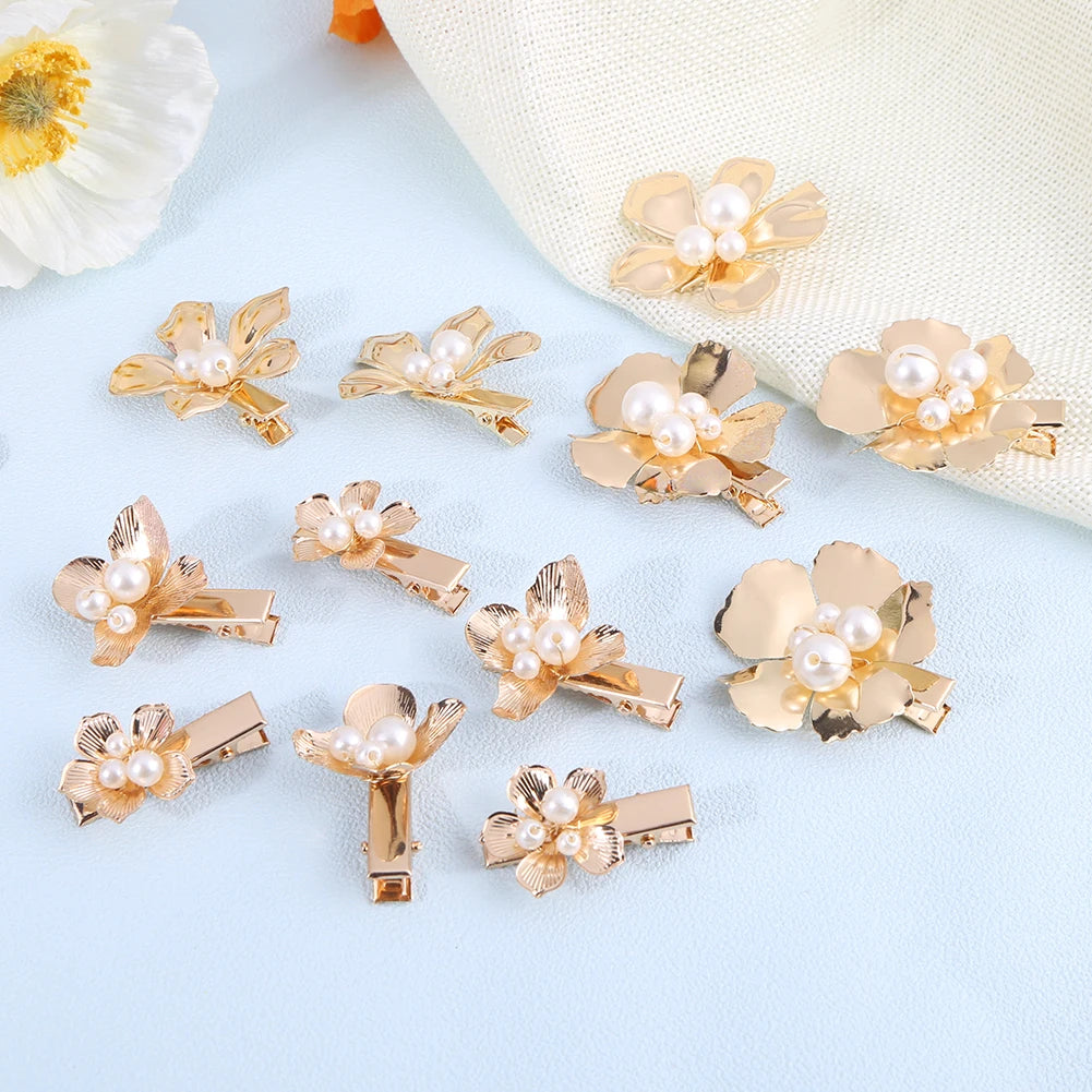 Gold Pearl Flower Hair Clips Set