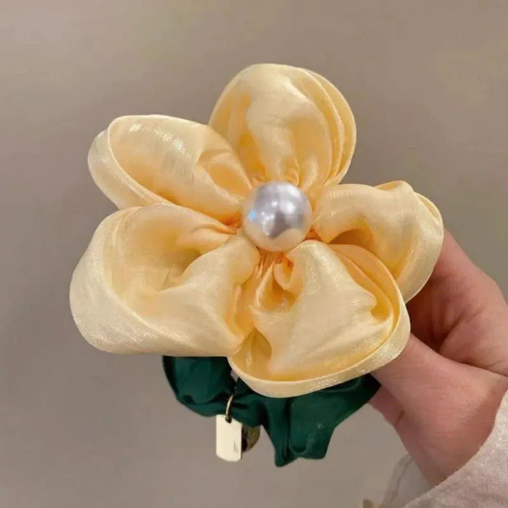 Elegant Pearl Rhinestone Flower Scrunchies