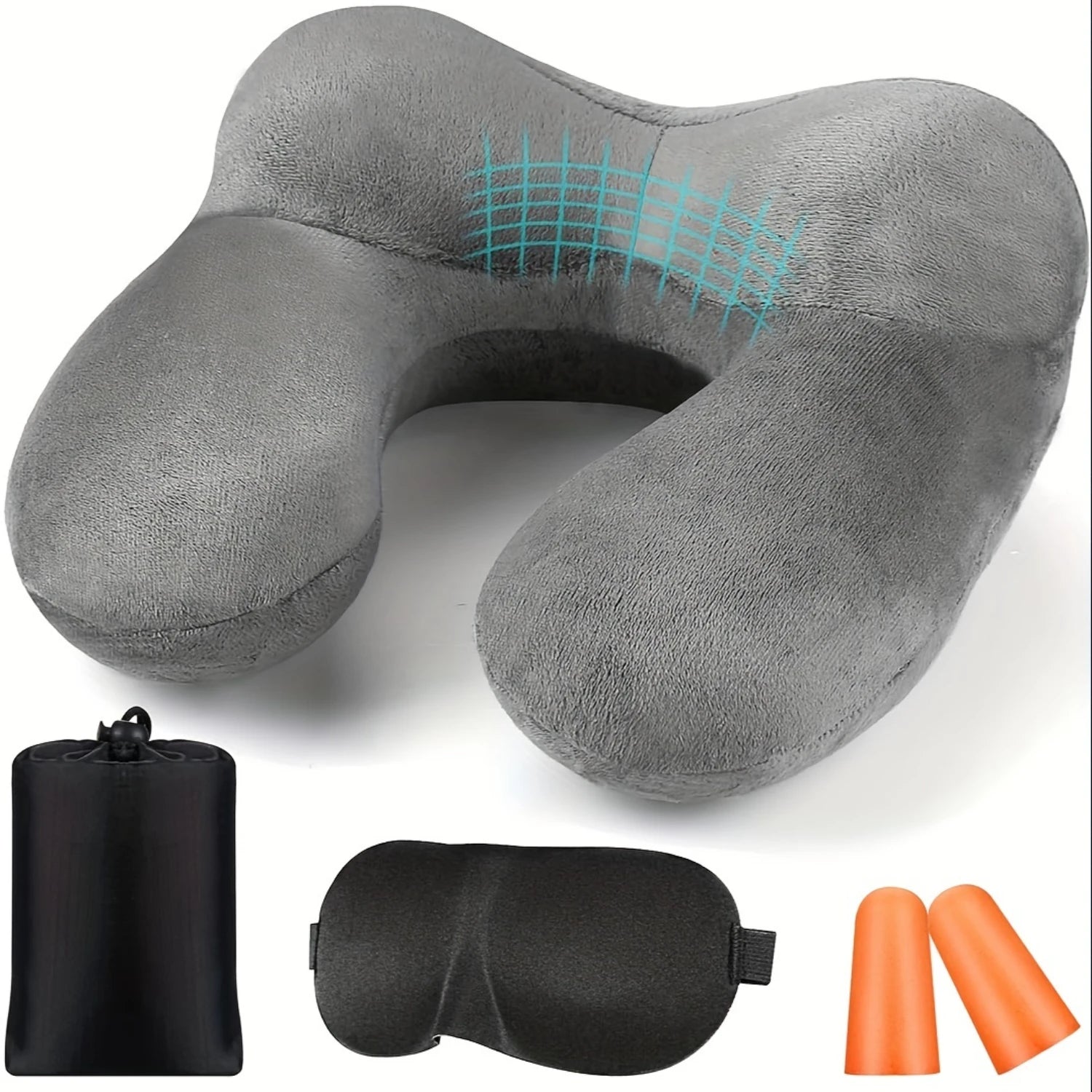 Inflatable Velvet Neck Pillow + Earplugs