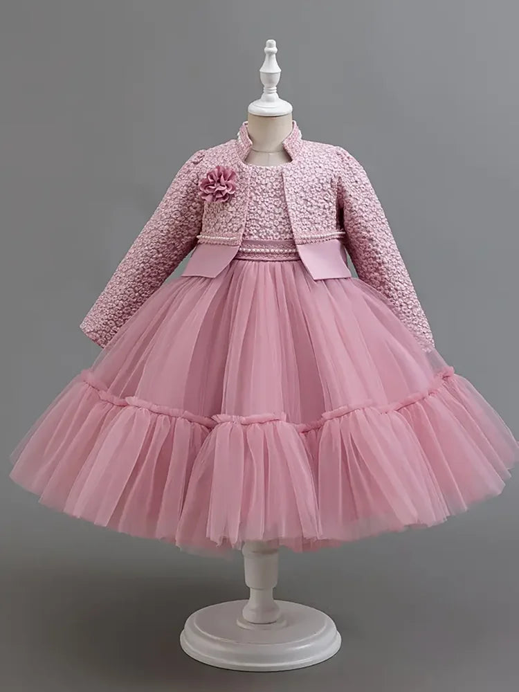 Girls Khaki Lace Dress and Coat Set