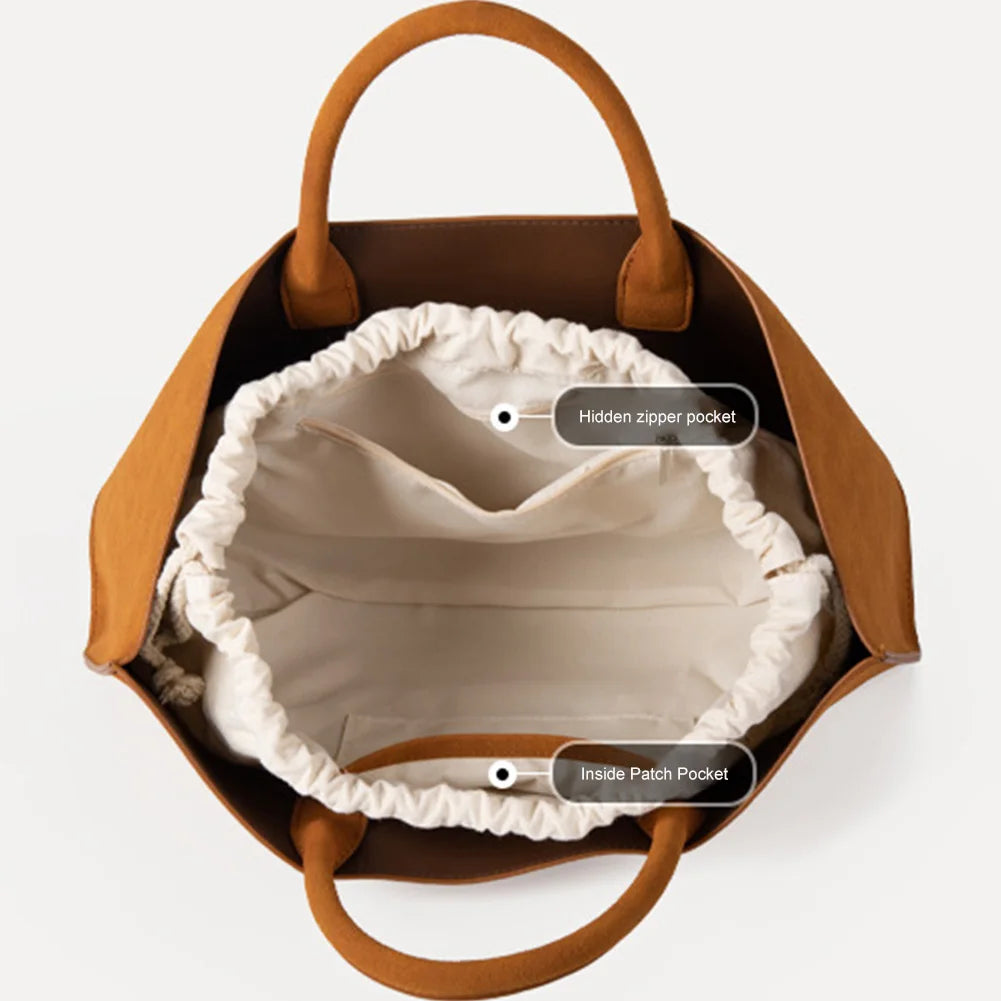 Multi-Pocket Suede Shoulder Handbag