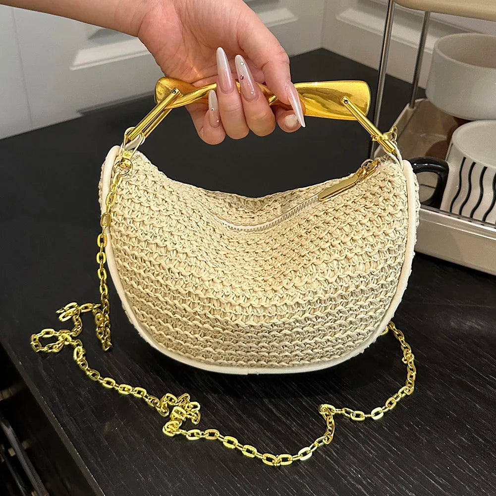 Women Knitting Sling Straw Crossbody Bag