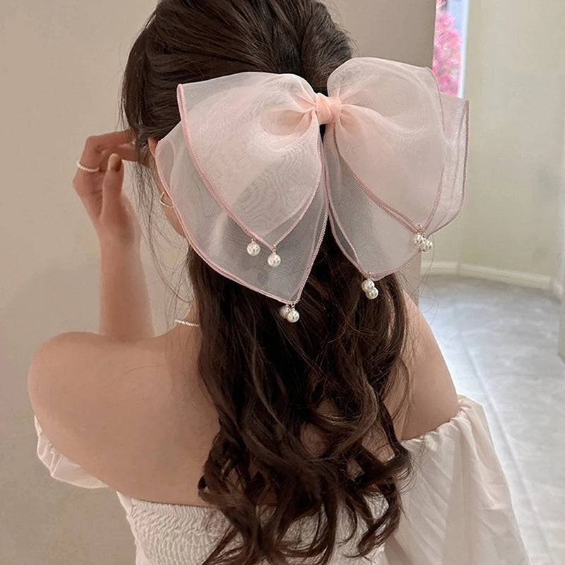 Korean Pearl Bow Silk Mesh Hairbands