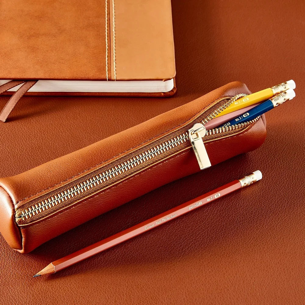 Zippered Leather Pencil Pouch Case
