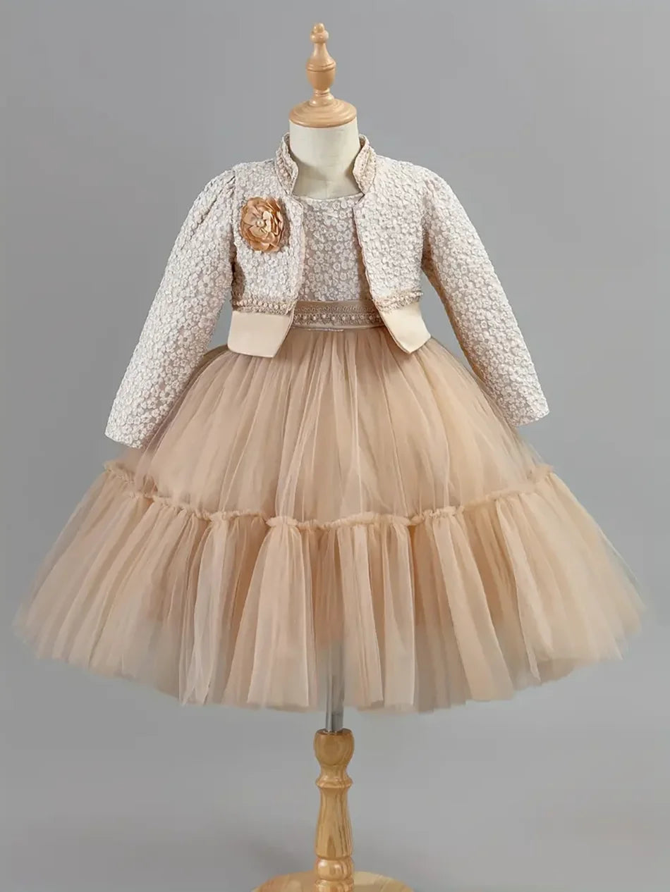 Girls Khaki Lace Dress and Coat Set