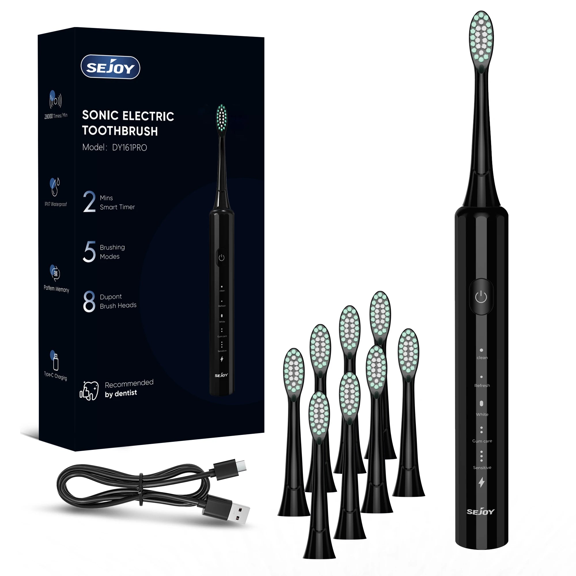 SEJOY Sonic Toothbrush 8 Heads USB Rechargeable