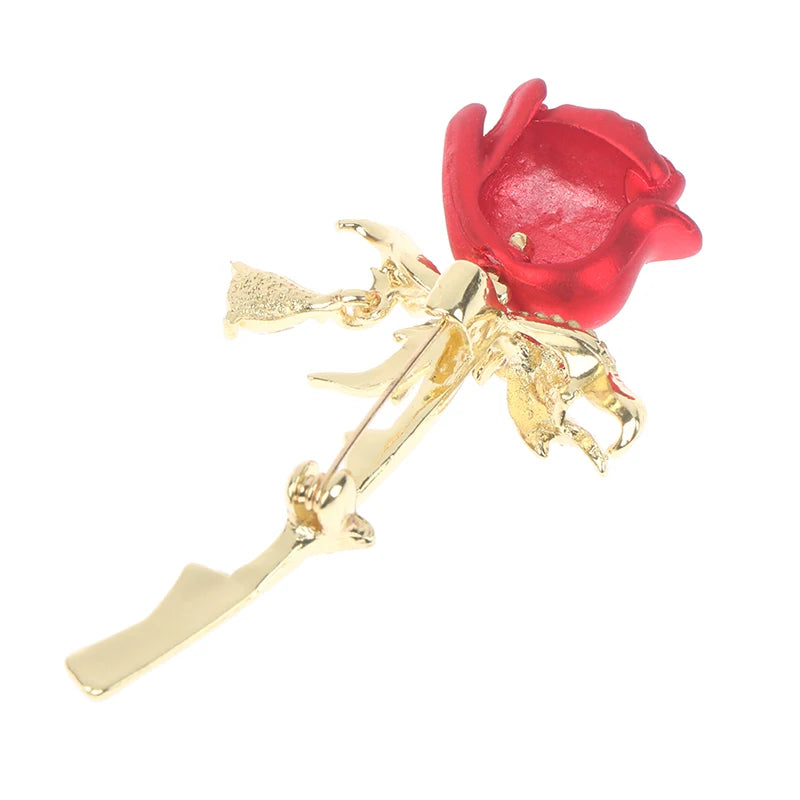 Rhinestone Red Rose Flower Brooch