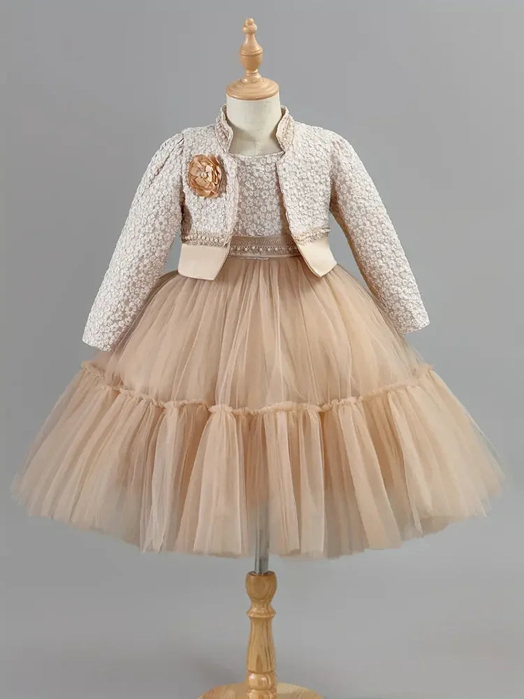 Khakifarbenes Spitzenkleid- und Mantelset für Mädchen
