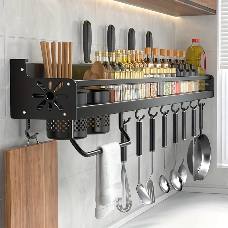 Wall-Mounted Kitchen Spice Rack with Hooks