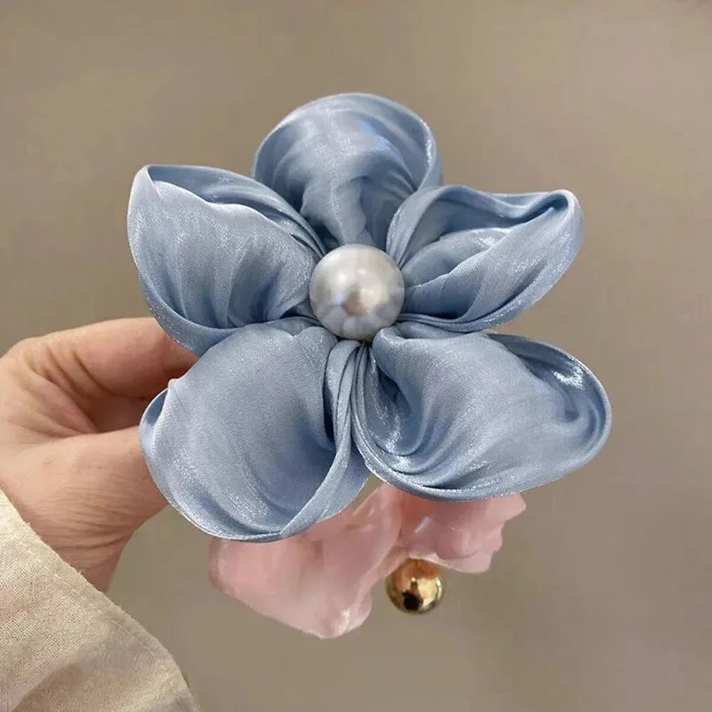Elegant Pearl Rhinestone Flower Scrunchies