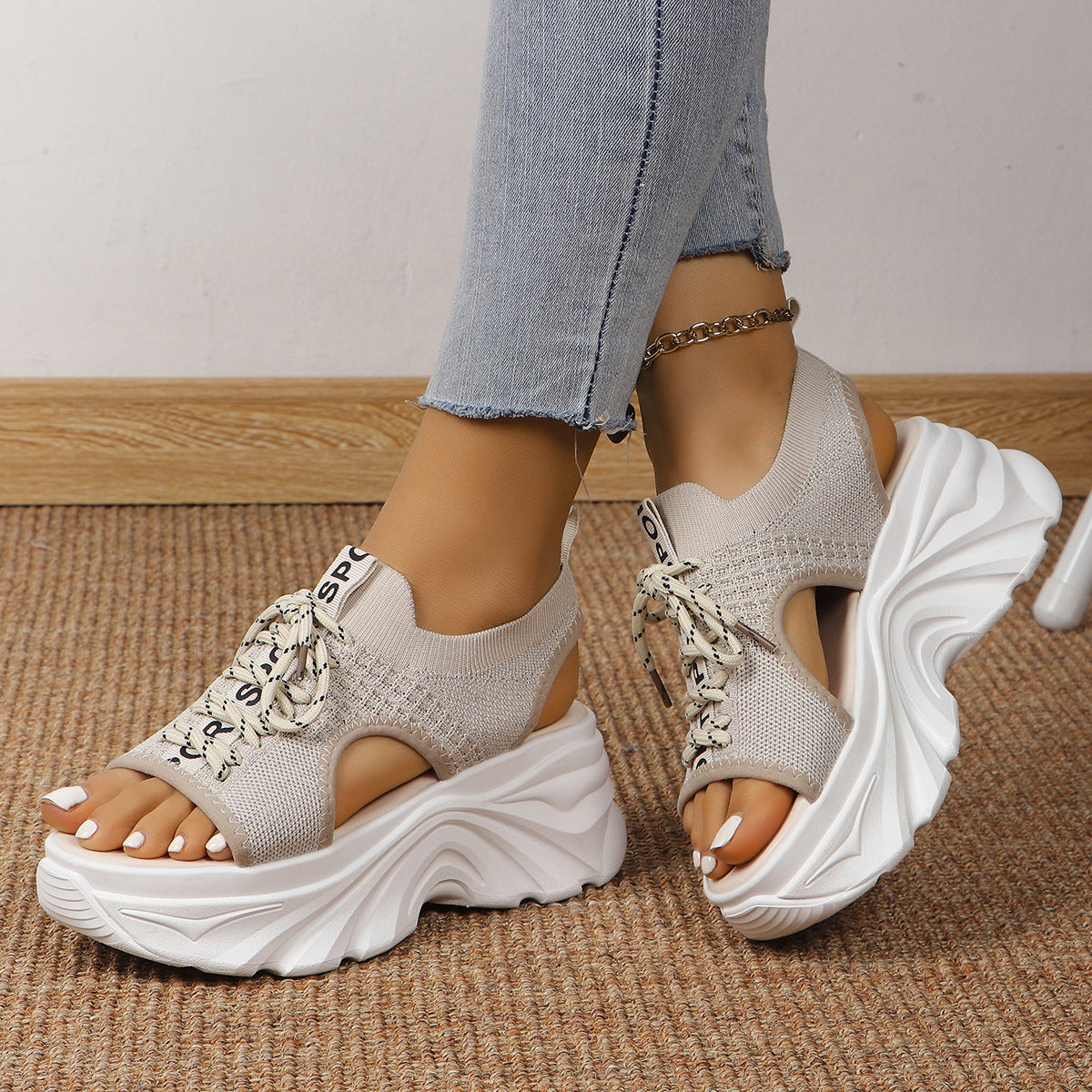 Hollow Mesh Mid Heel Sport Sandals