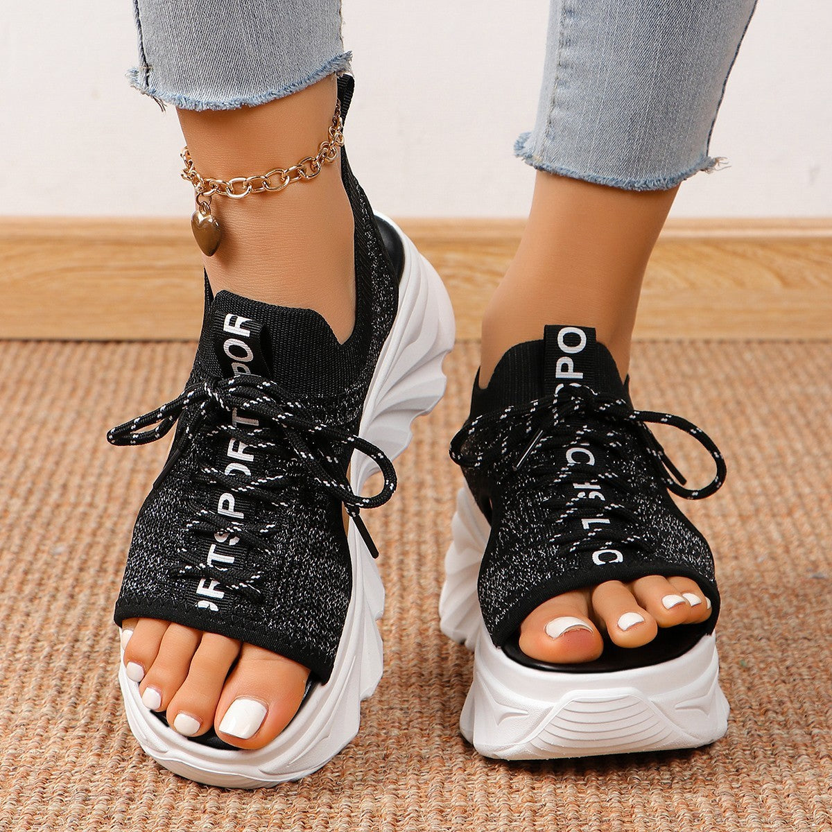 Hollow Mesh Mid Heel Sport Sandals