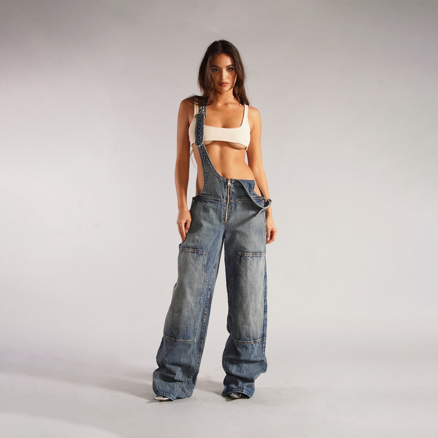 Y2K Zipper Denim Overalls with Pockets