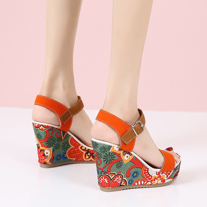 Embroidered Floral Wedge Sandals Women