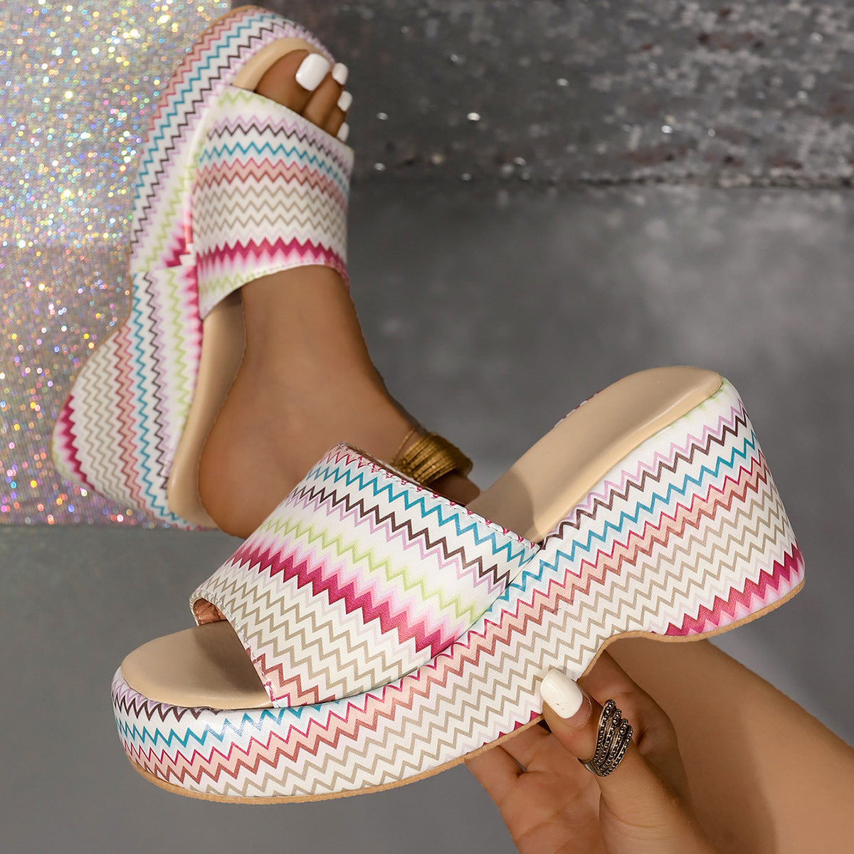 Colorful Wave Print Wedge Sandals Women