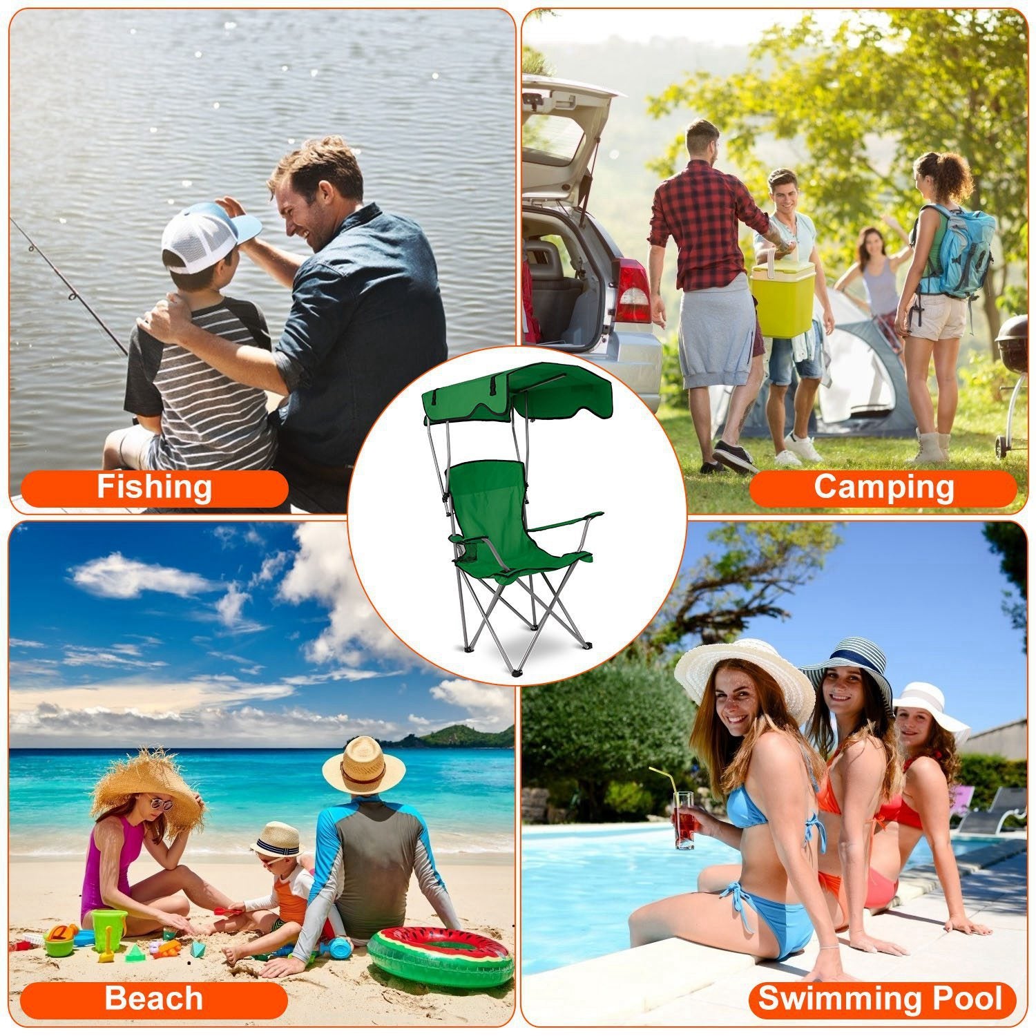 8 Campingstuhl mit Sonnenschirm – 150 kg Tragkraft