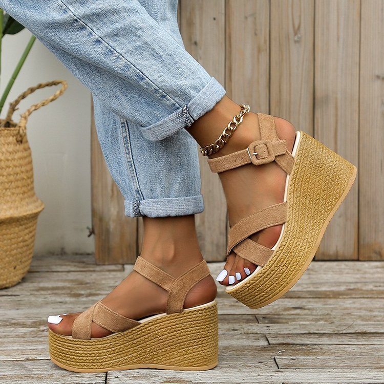 Cross-Strap Wedge Hemp Heel Sandals