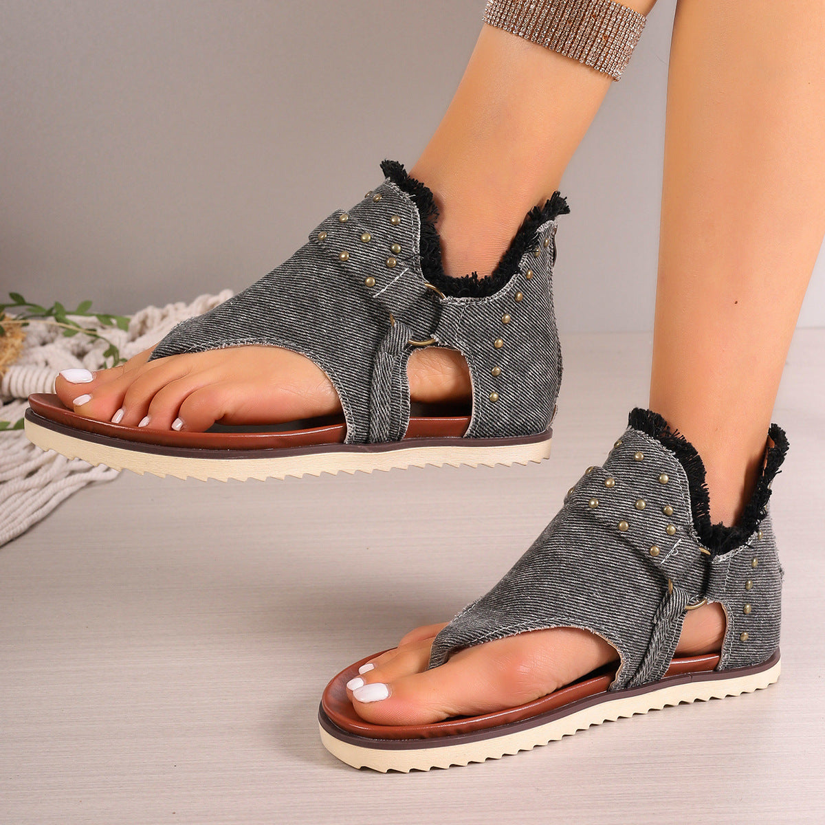 Denim Thong Sandals Rear Zipper Flats