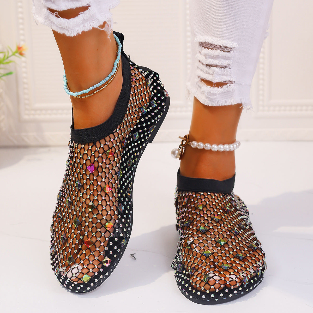 Colorful Rhinestone Mesh Flat Sandals