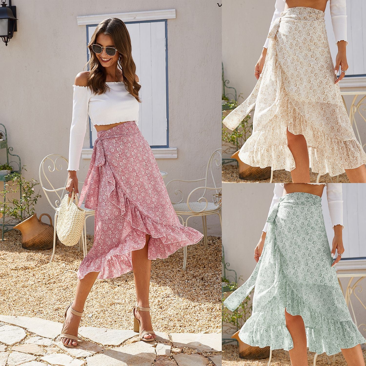 High Waist Floral Chiffon Wrap Skirt
