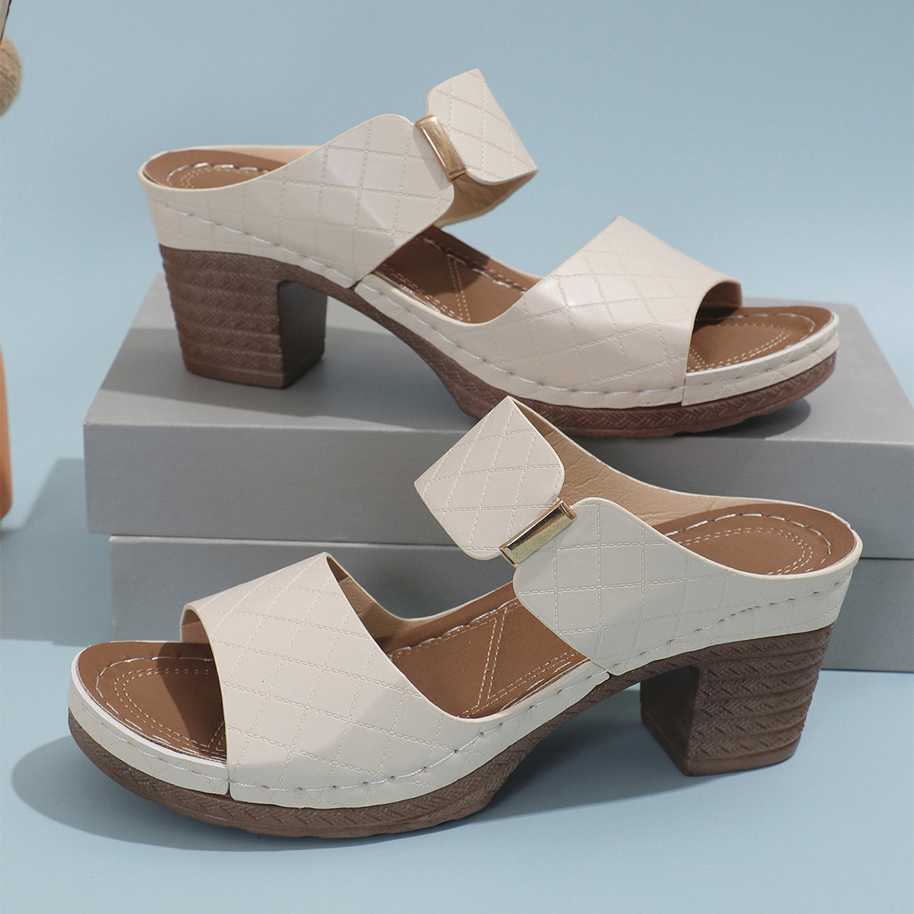 Plaid Chunky Heel Sandals for Women